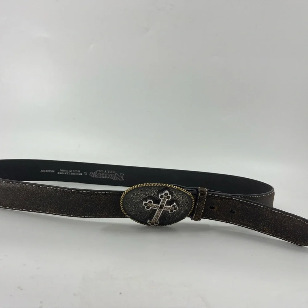 Nocona Luxury‎ Leather Belt with silver Cross buckle/ brushed gold.